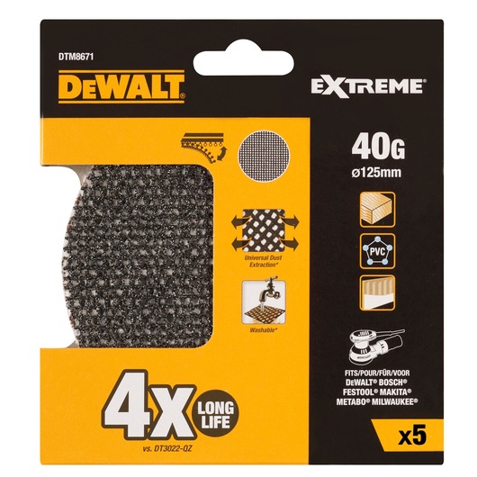 Packaging of DEWALT Extreme sanding discs, model DTM8671, 40 grit and 125mm diameter. The package includes five discs, suitable for wood, PVC, and other materials. Features long life, universal dust extraction, and washable design. Compatible with DEWALT, Bosch, Festool, Makita, Metabo, and Milwaukee sanders.