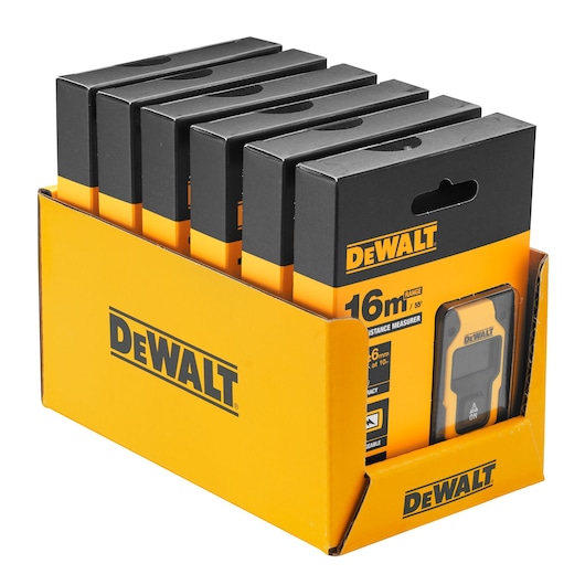 A yellow and black DEWALT branded display box containing multiple packages of DEWALT DW055PL distance measurers, each package labeled with '16m' range and prominently featuring the DEWALT logo.
