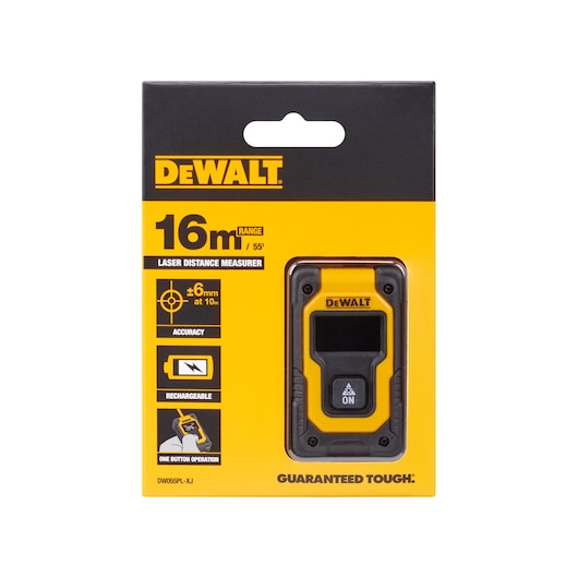 Packaging of a DEWALT DW055PL laser distance measurer, showing the product in a yellow and black box. The box features key specifications such as a 16-meter range, rechargeable battery, accuracy of ±6mm at 10 meters, and one button operation.