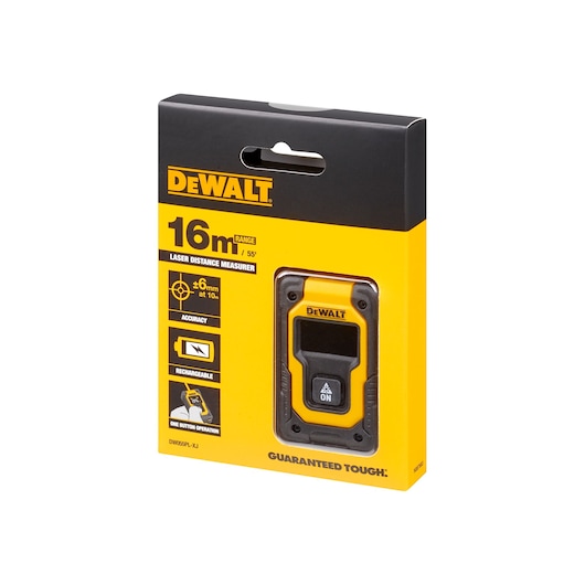 Front view of a DEWALT DW055PL Laser Distance Measurer in its packaging. The box is yellow and black with DEWALT branding, indicates a 16 meter range, and features icons for accuracy, rechargeable battery, and one-button operation.