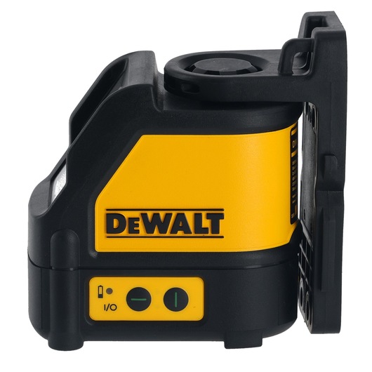 Side view of a DEWALT self-leveling laser level, featuring a yellow and black design with control buttons and branding visible.