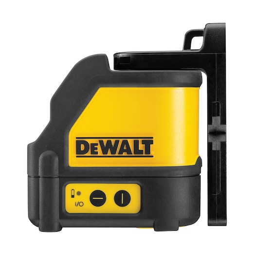 DEWALT DW088KD yellow and black laser level device shown from the side with control buttons visible.