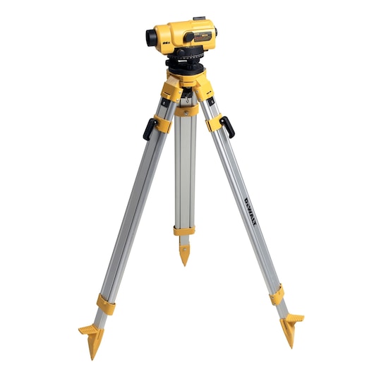 A DEWALT automatic level tool mounted on an aluminum tripod. The device is yellow and black, and is used for surveying and leveling tasks.