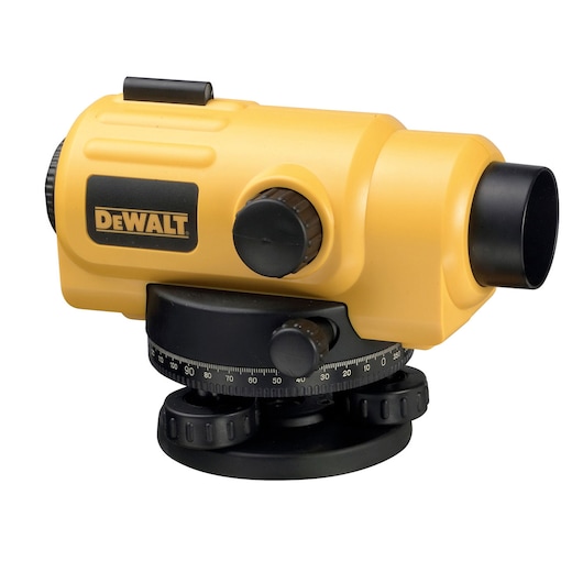 A yellow and black DEWALT automatic level with adjustment knobs and a rotating base, used for surveying and construction measurements.