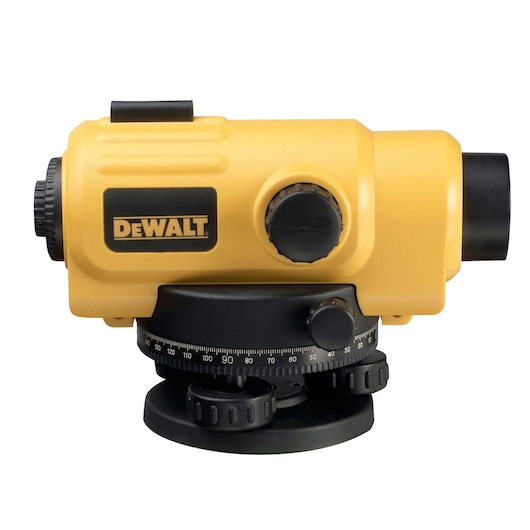 A DEWALT yellow and black automatic level instrument, used for surveying and leveling tasks in construction and photography.