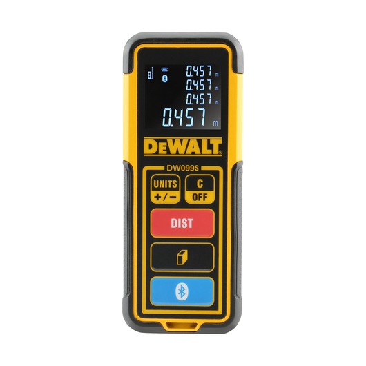 Front view of a DEWALT DW099S laser distance measurer with a digital display showing measurement readings. The device has several buttons labeled UNITS, DIST, and a Bluetooth symbol, and is predominantly yellow and black with red and blue accents.