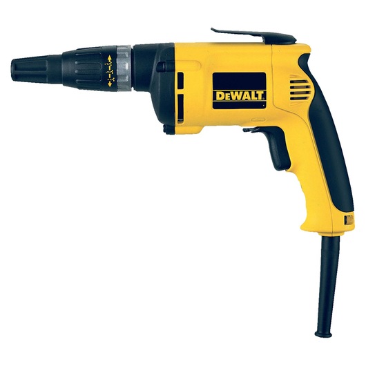 A yellow and black DEWALT electric screwdriver with a cord, shown from the side.