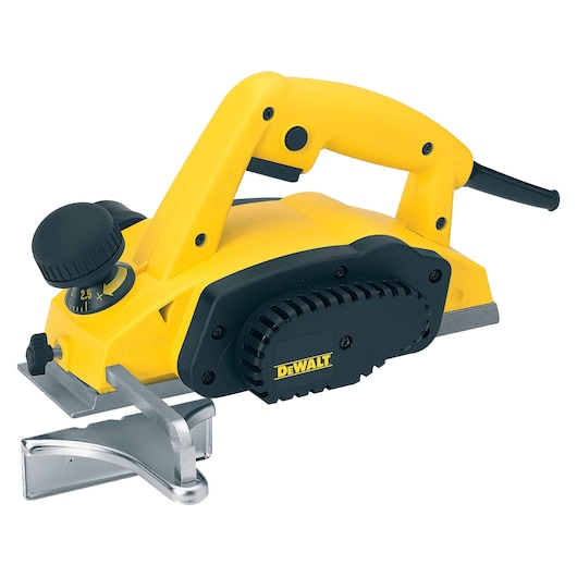 A yellow and black DEWALT electric planer with a side adjustment knob and handle, designed for woodworking and surface smoothing.