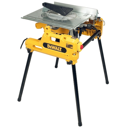 A DEWALT DW743N yellow and black combination saw with foldable legs, featuring a metal table top and blade guard.