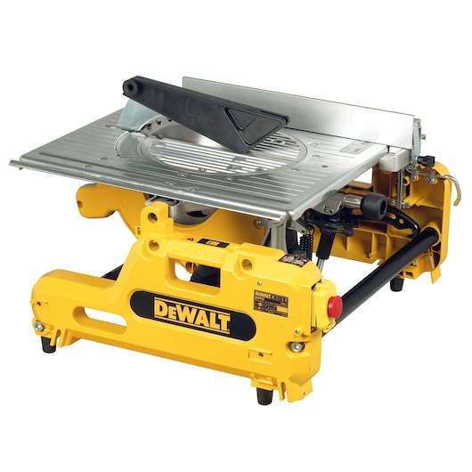 A DEWALT-branded yellow portable table saw with a metal cutting table and blade guard. The saw is designed for woodworking and construction tasks, featuring a robust frame and adjustment controls.