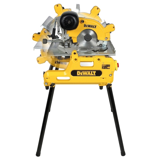 DEWALT DW743N yellow combination saw on a foldable stand, featuring a circular blade and sturdy legs, suitable for woodworking tasks.