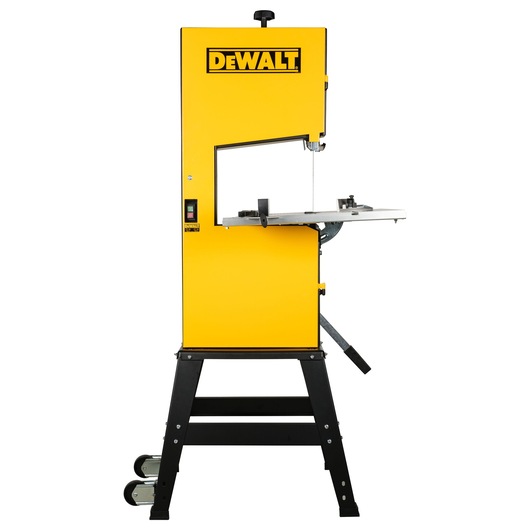 A yellow and black DEWALT band saw standing upright with a metal cutting table and support legs. The machine is designed for woodworking and cutting tasks.