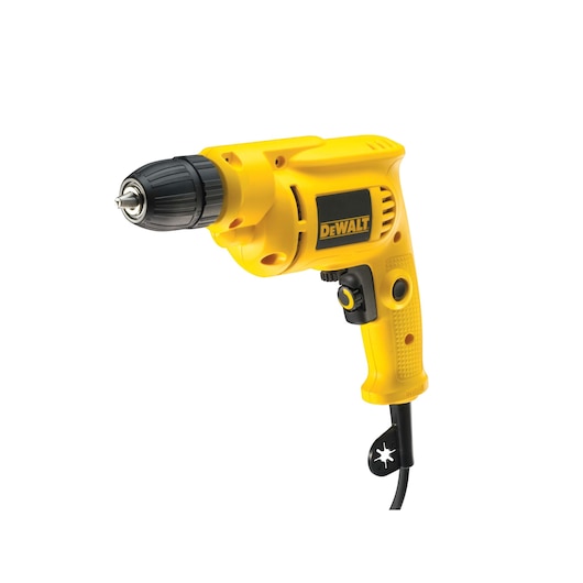 A yellow DEWALT corded electric drill with a black chuck and ergonomic handle, shown on a white background.