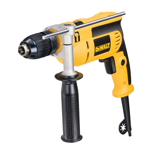 A yellow and black DEWALT electric drill with side handle and depth gauge.