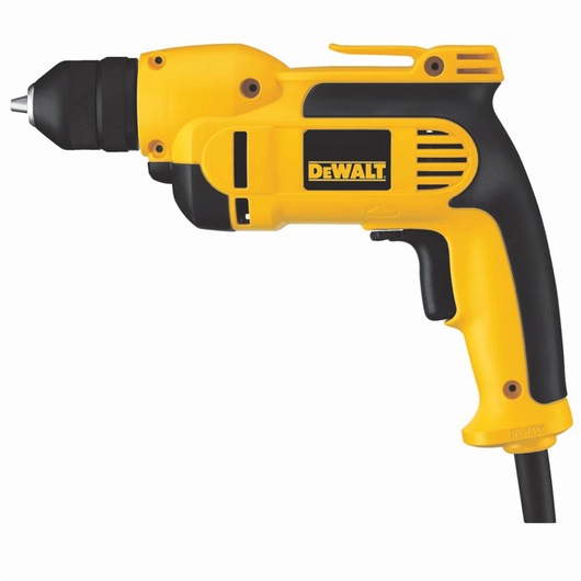 A yellow and black DEWALT electric drill, shown from the side with a cord attached and a keyless chuck.