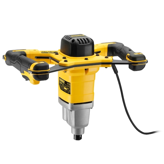A DEWALT DWD241 electric mixer with a yellow and black design, featuring dual ergonomic handles and a power cord attached.