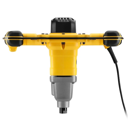 Front view of a DEWALT DWD241 yellow and black electric mixer drill with two horizontal handles and a cord.