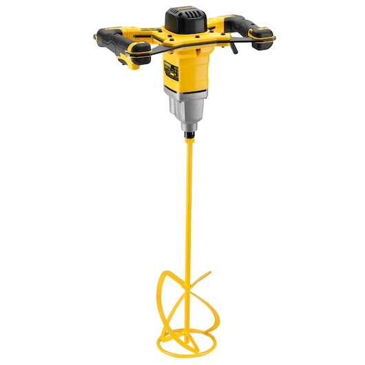A DEWALT DWD241 electric mixer with dual handle design in yellow and black, shown with a long mixing paddle attachment, used for mixing materials such as plaster, paint, or mortar.