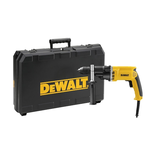 A DEWALT corded drill with a side handle is shown next to a large black carrying case featuring the DEWALT logo in yellow.