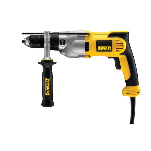 A yellow and black DEWALT corded power drill with a side handle and depth rod, displayed on a white background.