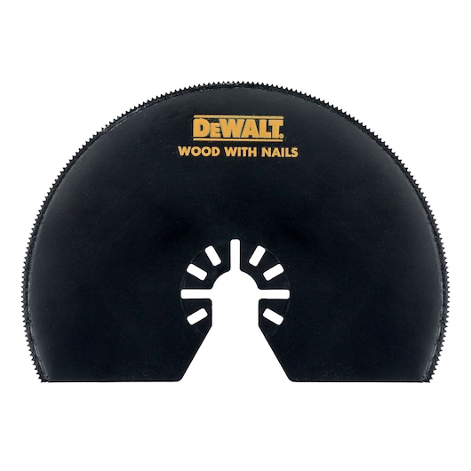 A DEWALT branded semicircular black saw blade labeled 'WOOD WITH NAILS', designed for cutting wood that may contain nails.