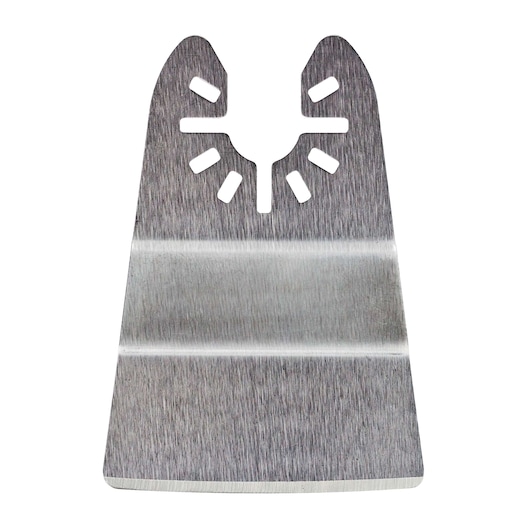 A close-up image of a metal oscillating multi-tool blade with a wide, flat cutting edge and a mounting slot at the top.