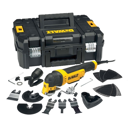 DEWALT DWE315KT oscillating multi-tool kit with black and yellow tool, assorted blades and attachments, sanding pads, and a sturdy black case.