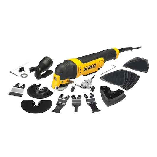 DEWALT oscillating multi-tool set with various accessory blades, sanding pads, attachments, and the tool itself displayed on a white background.