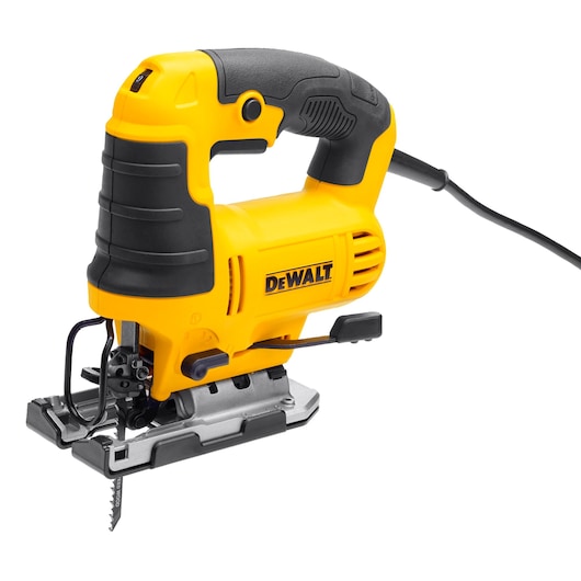 A yellow and black DEWALT electric jigsaw with a cord, featuring an ergonomic handle and visible blade below the cutting plate.