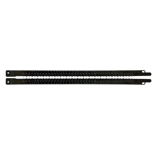 Two black metal saw blades with serrated edges placed side by side, designed for use with power tools.