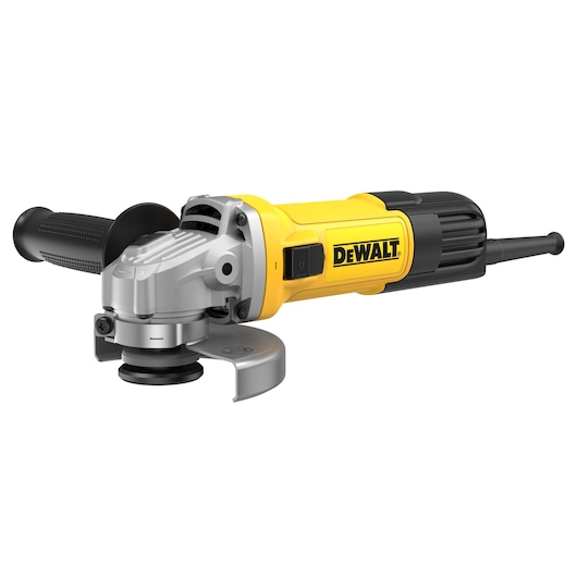 A DEWALT branded yellow and black angle grinder with a side handle and a protective guard, shown on a white background.