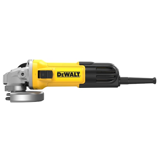 A DEWALT DWE4036 angle grinder with a yellow and black body, viewed from the side, showing its disc and handle against a white background.