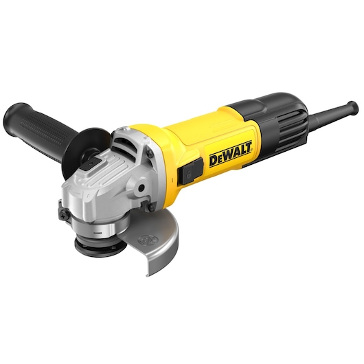 A yellow and black DEWALT angle grinder with a side handle, power cord, and protective guard, shown on a white background.