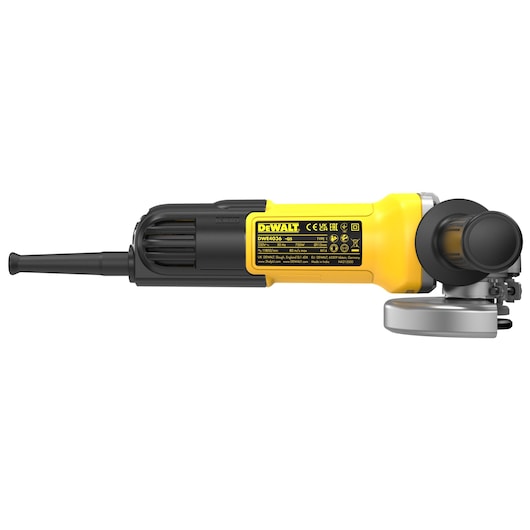 A DEWALT DWE4036 angle grinder with a yellow and black body, side handle, and safety guard, shown on a white background.