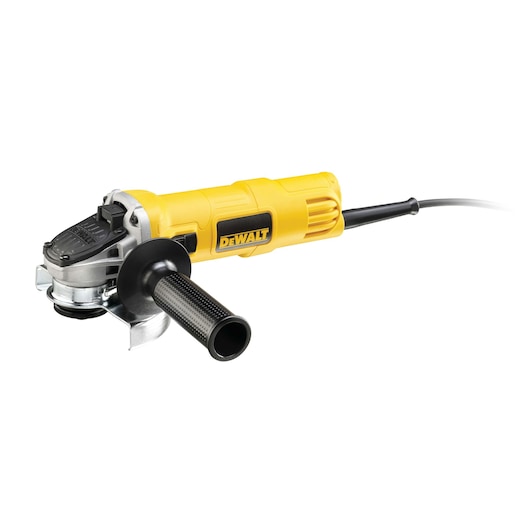 A DEWALT yellow and black corded angle grinder with a side handle, shown against a white background.