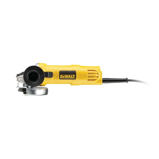 A yellow DEWALT angle grinder with a black and silver metal head, photographed from the side view on a white background.