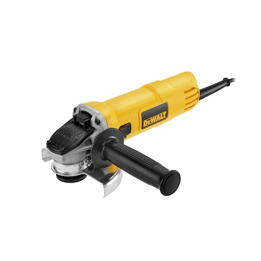 A yellow DEWALT angle grinder with a black side handle, corded design, and metal guard, shown against a white background.