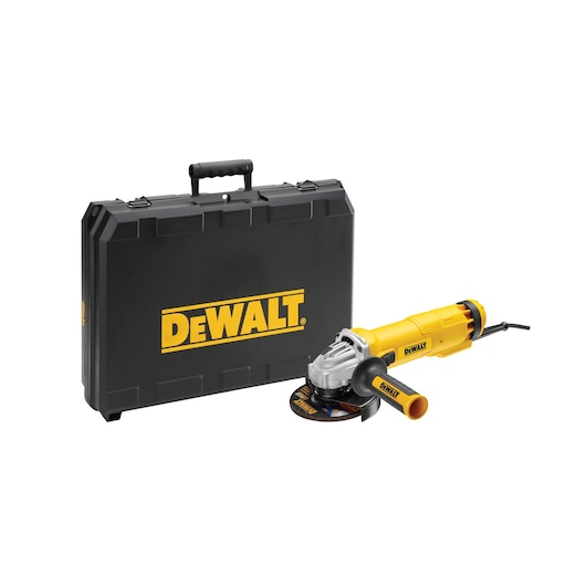 A DEWALT angle grinder in yellow, shown alongside a large black carrying case with the DEWALT logo. The grinder is electric with a side handle and a power cord.