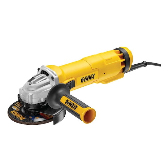 A DEWALT branded yellow and black angle grinder with an attached side handle and a grinding disc, shown against a white background.