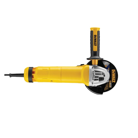 A yellow and black DEWALT angle grinder with a side handle, corded and designed for cutting or grinding tasks.