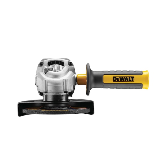 Front view of a DEWALT angle grinder with a black and yellow handle, featuring a metal body and protective guard around the grinding disc.