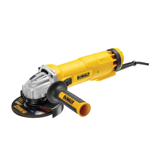 A yellow and black electric angle grinder with a side handle and cutting disc, branded DEWALT.
