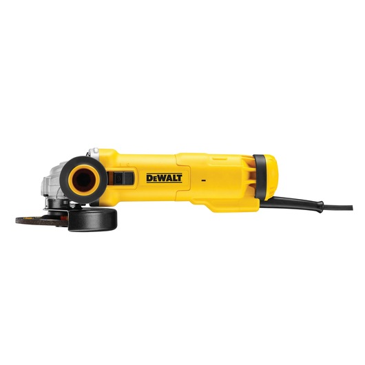 A yellow DEWALT angle grinder with a power cord, shown in a side profile view against a white background.