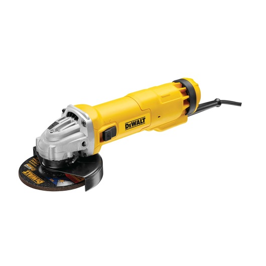 A yellow DEWALT angle grinder with a black grinding disc and power cord, set against a white background.