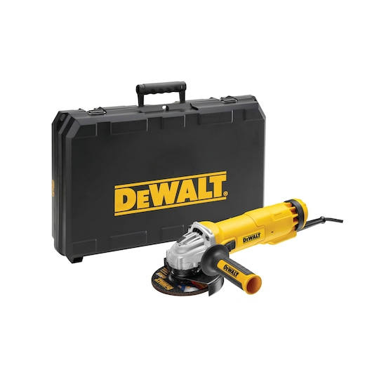A DEWALT branded yellow angle grinder with a black and yellow hard carrying case behind it.