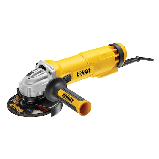 A yellow and black corded DEWALT angle grinder with side handle and cutting disc, shown against a white background.