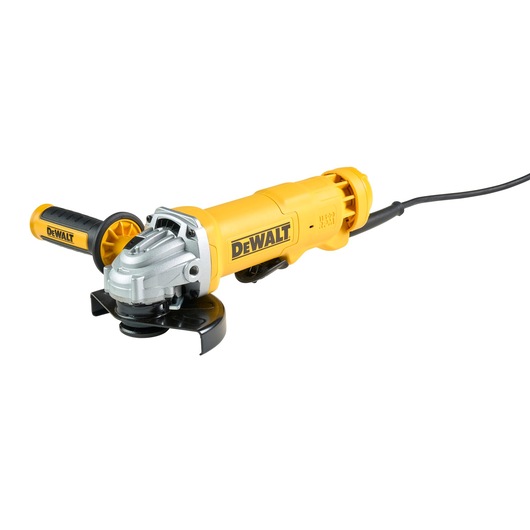A yellow and black DEWALT corded angle grinder with side handle, model DWE4233.