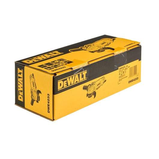 A yellow and black DEWALT product box for the DWE4233, featuring illustrations of an angle grinder tool and product information on the packaging.