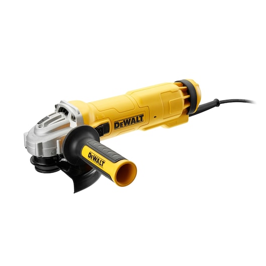 A yellow and black DEWALT angle grinder with a side handle and a cord, shown against a white background.