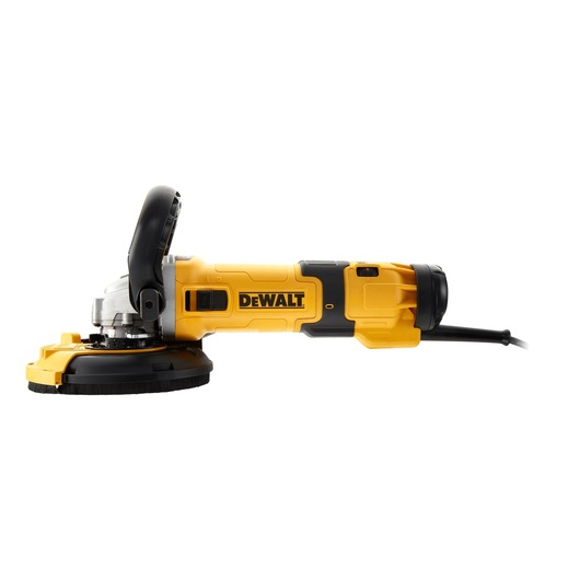 A yellow and black DEWALT angle grinder with a protective guard and side handle, photographed against a white background.